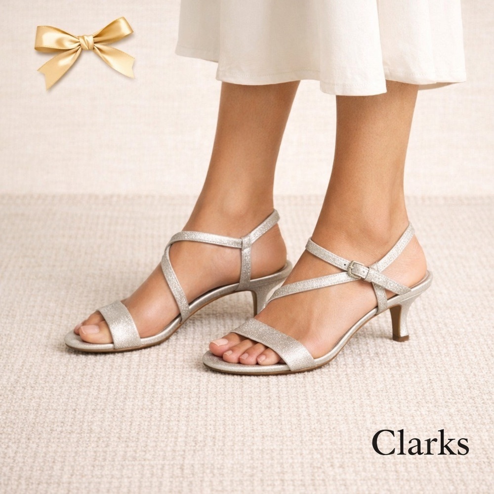 Clarks Silver Metallic Sandals Kitten Heels Size 8.5M NWT